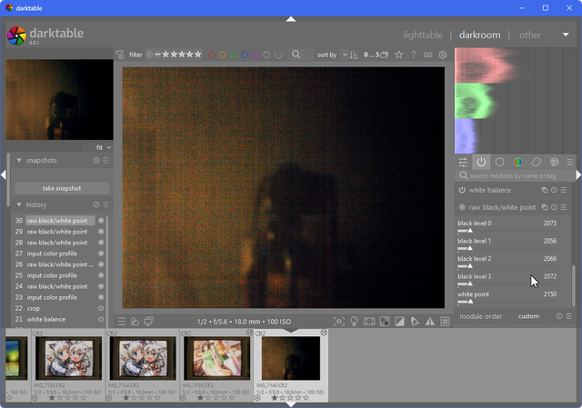 Screenshot of darkroom view opened to "raw black/white point" module, with "white point" reduced to show black levels and black levels raised to clip shadows, and RGB parade set to vertical view in the top-right, a camera in the reflection